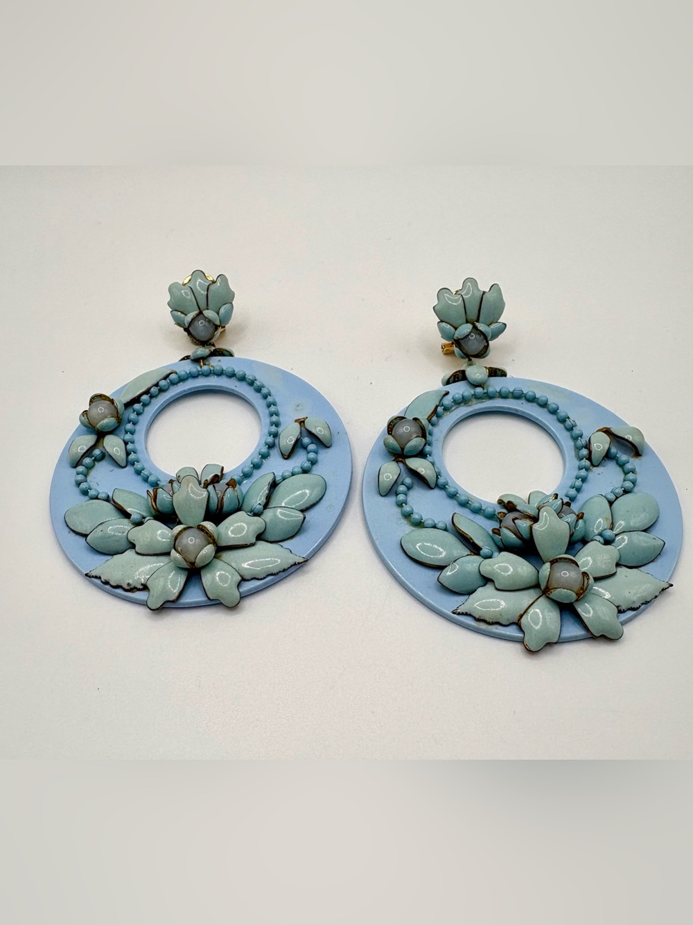 Dublos Signed Blue Enamel Floral Clip On Statement Earrings Spain 3.25”